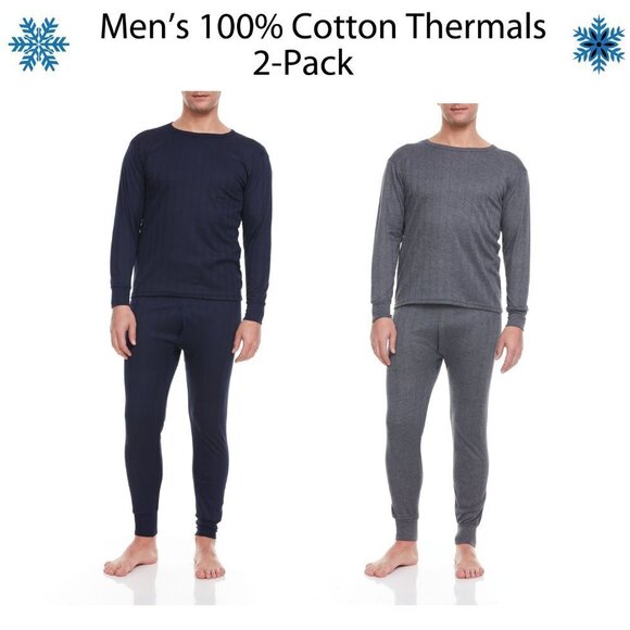 Men Thermal 100% Cotton Fleece Long Johns Warm Winter Baselayer Set 2-PAIRS NEW - Picture 1 of 9